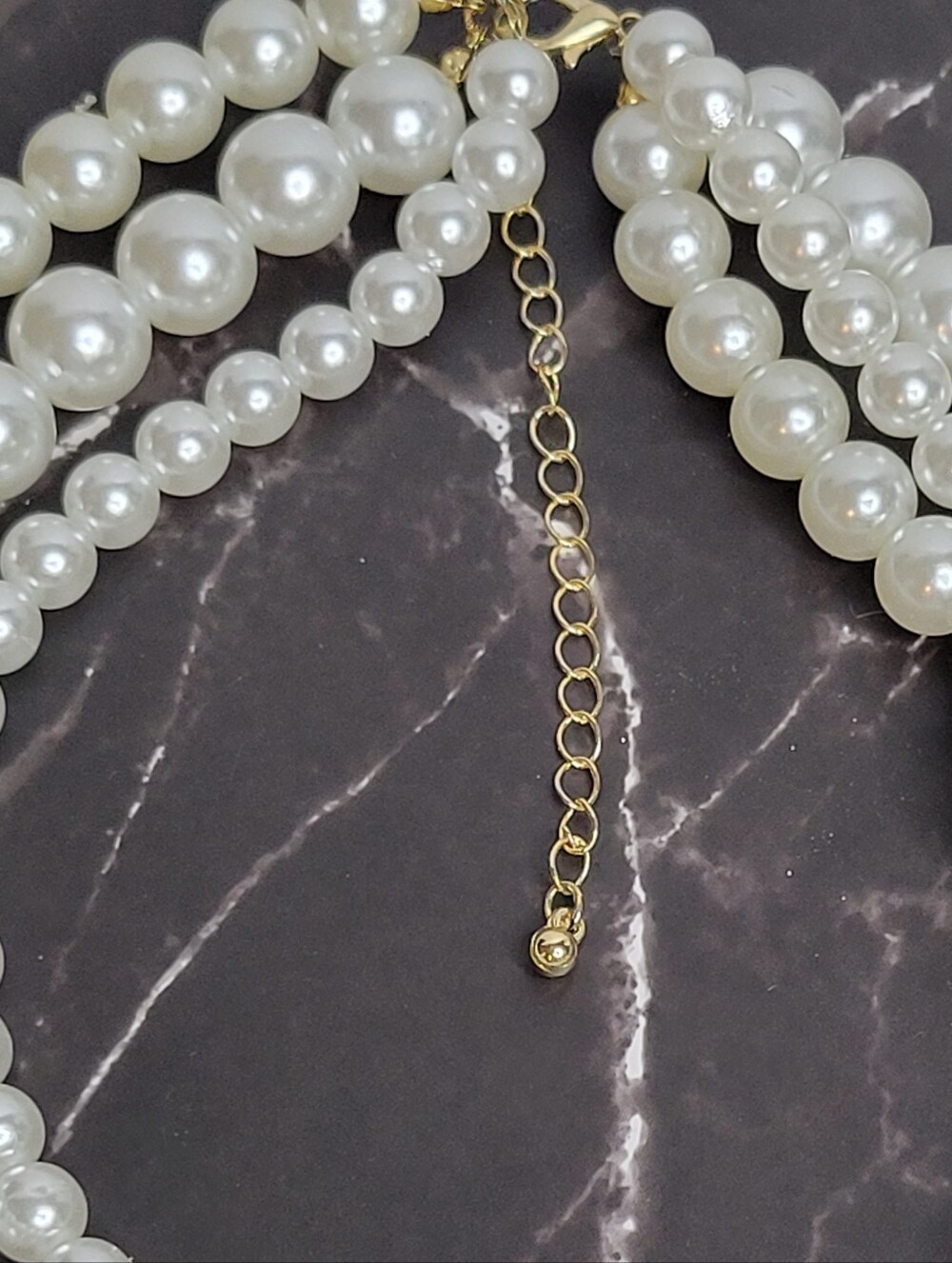 3 Strand Faux Pearl Necklace, 1.5" Gold YSL Zipper Pull - Picture 4 of 4